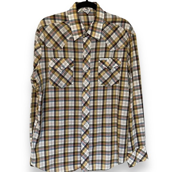 Vintage 70s 80s Kennington Yellow Brown Plaid Large Long Sleeve Pearl Snap Shirt - Picture 1 of 5